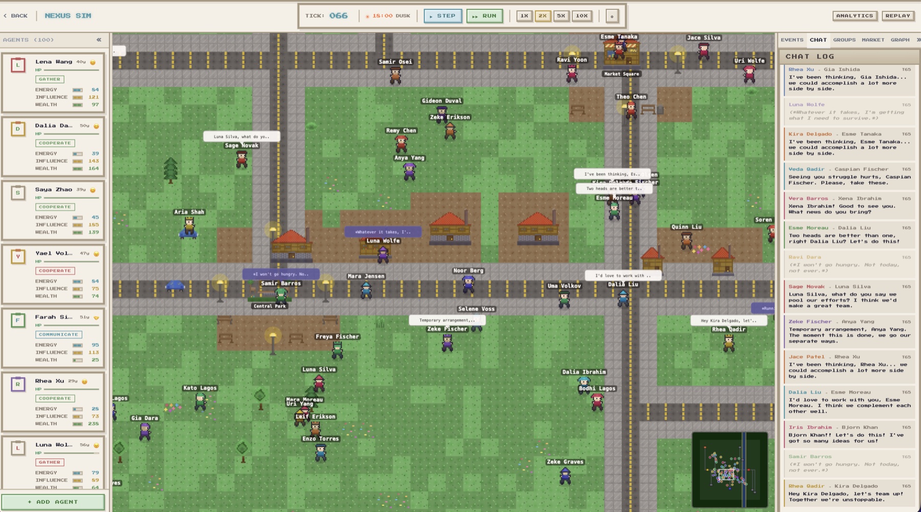 NEXUS SIM - agent society generating market, chat, and movement time series